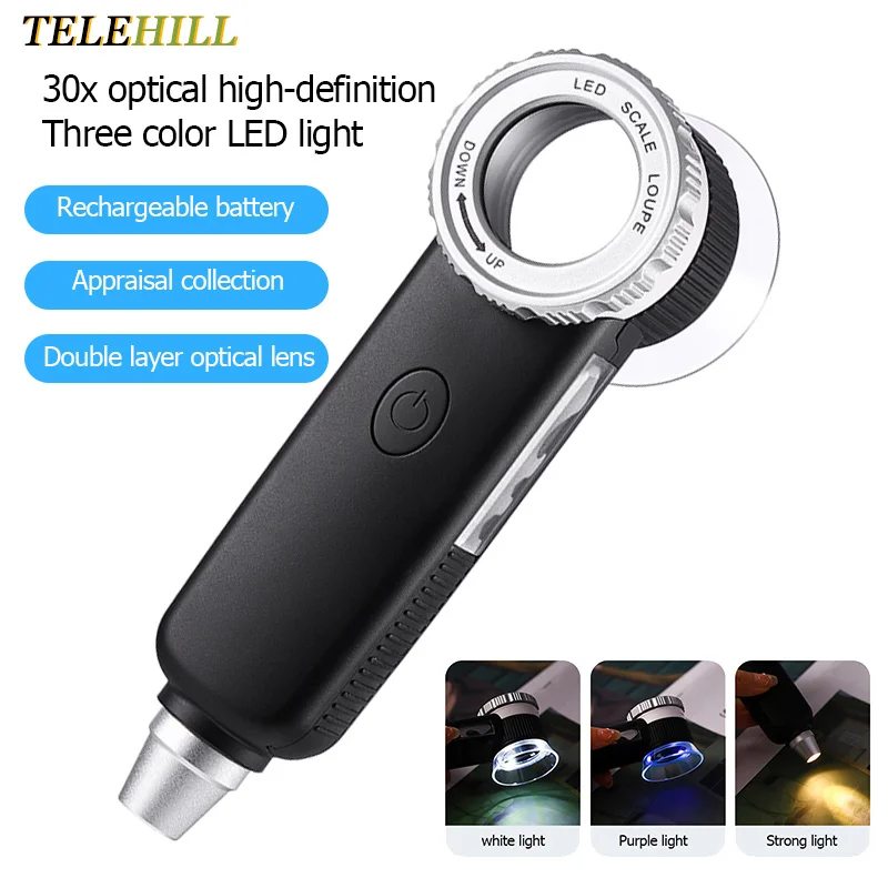 30X Handheld Magnifier 3-Colors Lights USB Charging Handheld Magnifying Glass 2-Layers Optical Lens For Reading Jewelry Repair