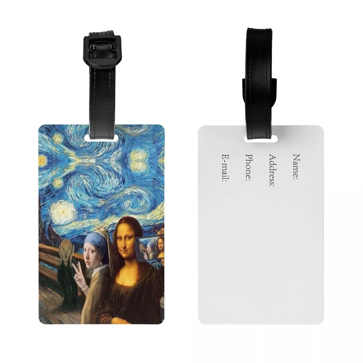 Etiqueta de bagagem personalizada noite estrelada por mona lisa e vincent van gogh arte de privacidade pintura etiquetas de bagagem etiquetas de bolsa de viagem mala