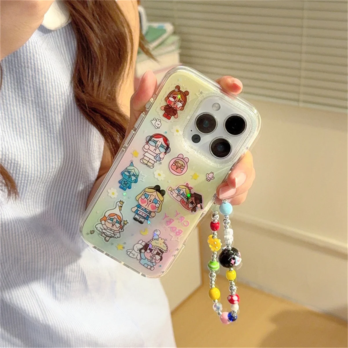 

Funny Cute Cry Girl Flower Phone Case For iPhone 16 15 Pro 14 13 12 Pro Max Cover with Chain Shockproof Cases Capa