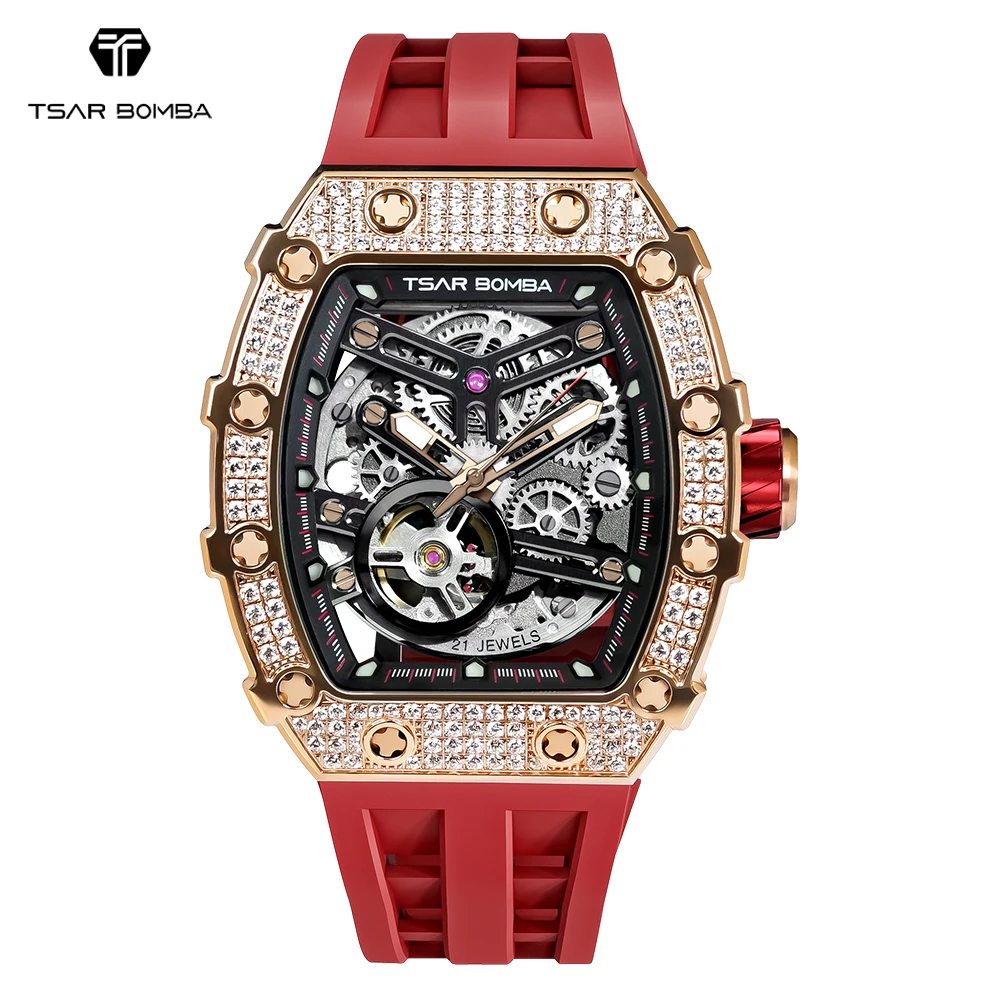 

TSAR BOMBA Rose Gold Mens Automatic Watch Mechanical Skeleton Wristwatch Waterproof Sapphire Clock Fashion Diamond Watch for Men