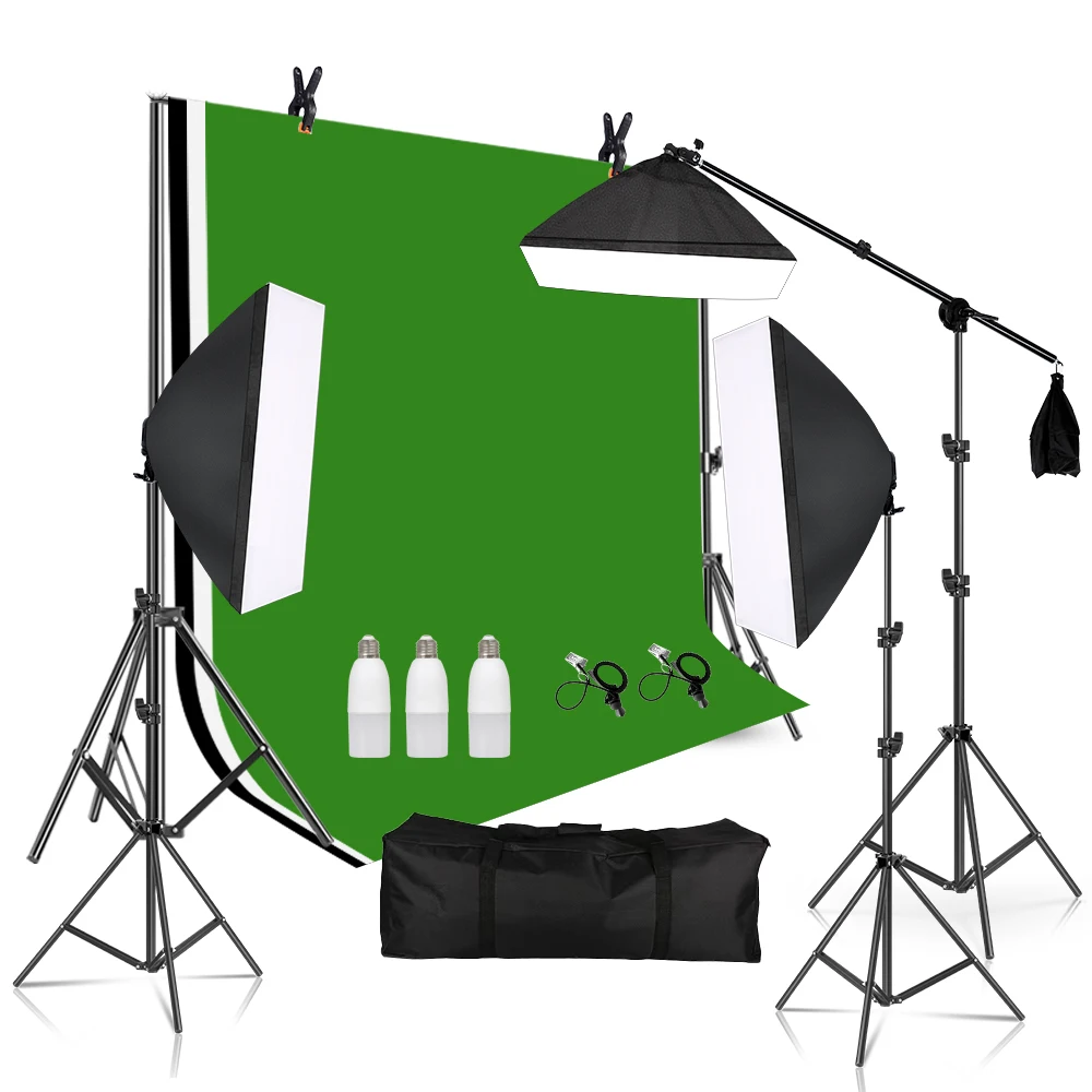 Photography Soft Box Continuous Lighting Kits Studio Photo Green Background For Camera With Muslin Backdrops 3 Bulb Accessories