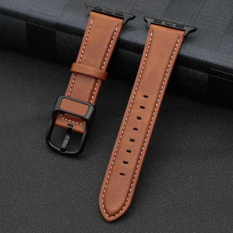 PU Leather Strap for Apple Watch Ultra 2 Band 49mm 10 9 8 7 46mm 45mm 42mm black buckle Strap for IWatch Series 6 SE 5 44mm 40mm