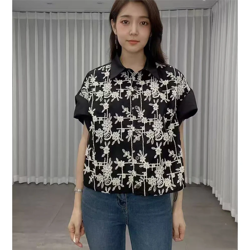 

Korean Style Loose Fit Short Sleeve Embroidered Floral Stand Collar Women's Shirt Slimming Design Summer New Arrival