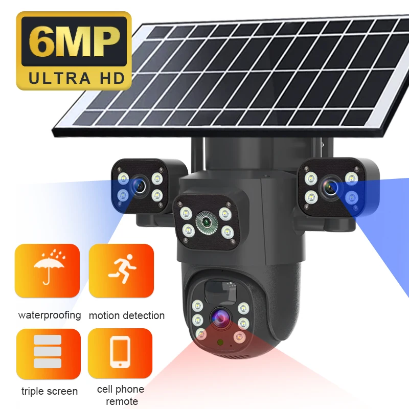 Guudgo 6MP 3 lentes Ultra HD câmera de segurança sem fio movida a energia solar 360 °   Pan Tilt Full Color Night Vision Motion Tracking em dois sentidos