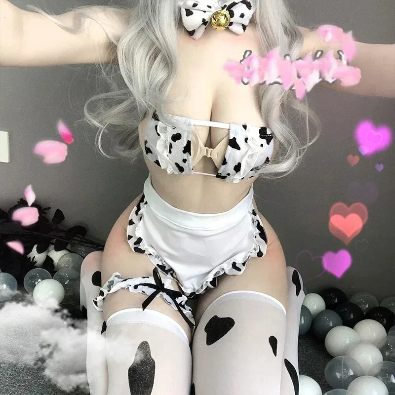 Anime Kawaii Cos Cow Cosplay Costume Maid Tankini Bikini Swimsuit Women Sexy Lingerie Lolita Bra and Panty Set Stockings