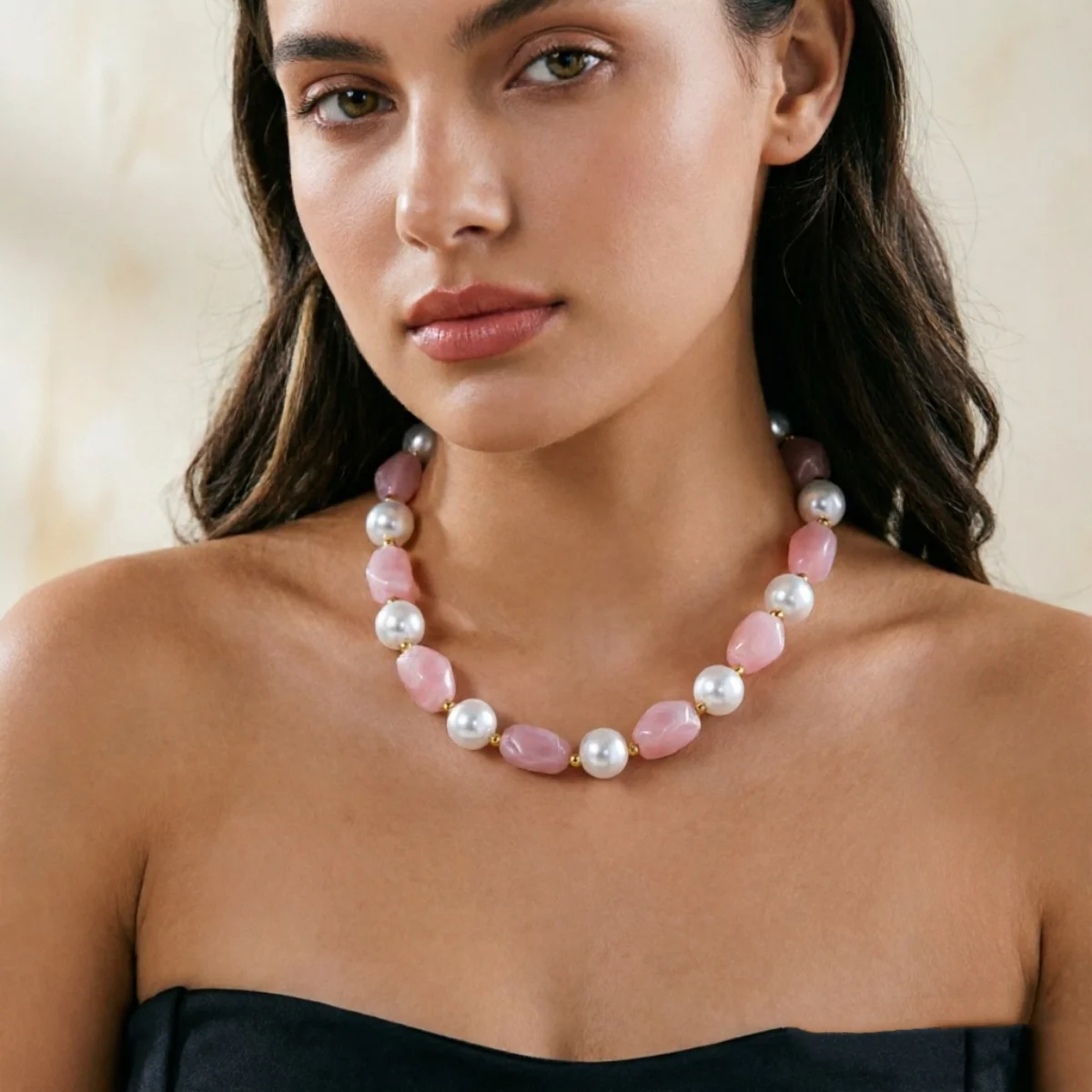 Französische sanfte barocke Halskette mit simulierten Perlen aus rosa Harz für Damen und Herren, elegante, süße, unregelmäßige Perlen, Choker-Schmuck, Geschenk – Detail 16
