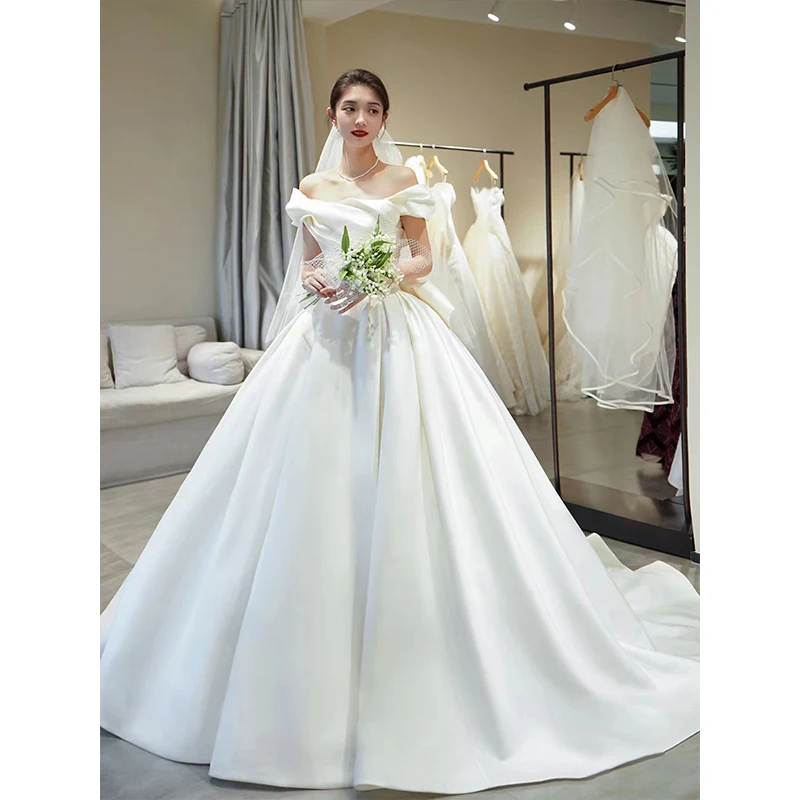 2024 New Spring The Shoulder Wedding Dress Simple Satin Sweep Train Bridal Ball Gown Vestido De Noiva Plus Size Made Customized