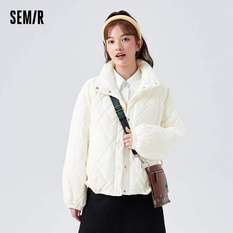 Semir Cotton Coat Women Rhombus Lattice Stand Collar Oversize Winter Drawstring Gentle Literary Thin Cotton Coat