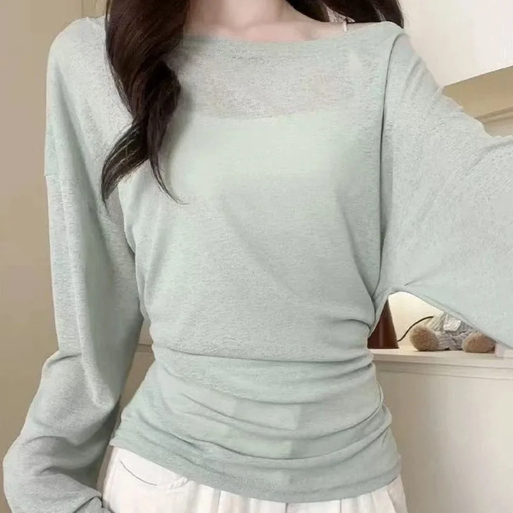 Simple Sheer Long Sleeve T-Shirt Off Shoulder Back Tied-up Oversize T-Shirt Loose See Through Top Summer Season