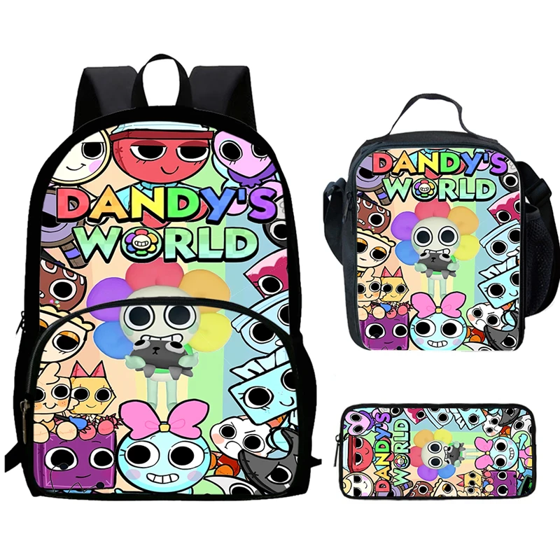 Mochila infantil estampada Dandy de desenho animado com bolso frontal, bolsas de almoço, bolsas de lápis para idades de 5 a 10 anos, bolsas escolares de desenho animado para meninos e meninas