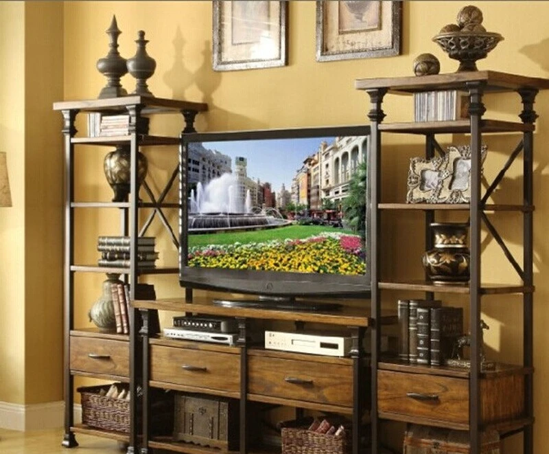 

European North side cabinet wrought iron solid wood TV cabinet retro log small apartment floor rack