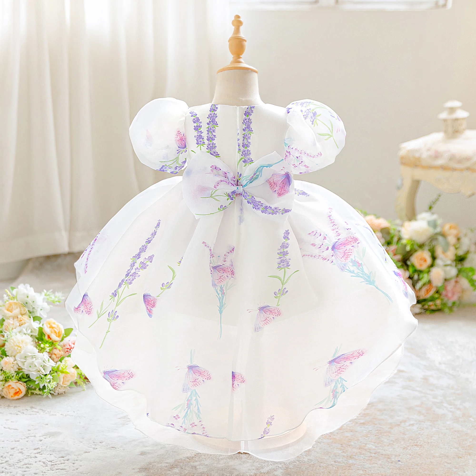 

Toddler Flower Baptism Party Baby Girls Dress Puff Sleeve 1st Birthday Princess Dresses Elegant Bow Bridesmaids Wedding Costume