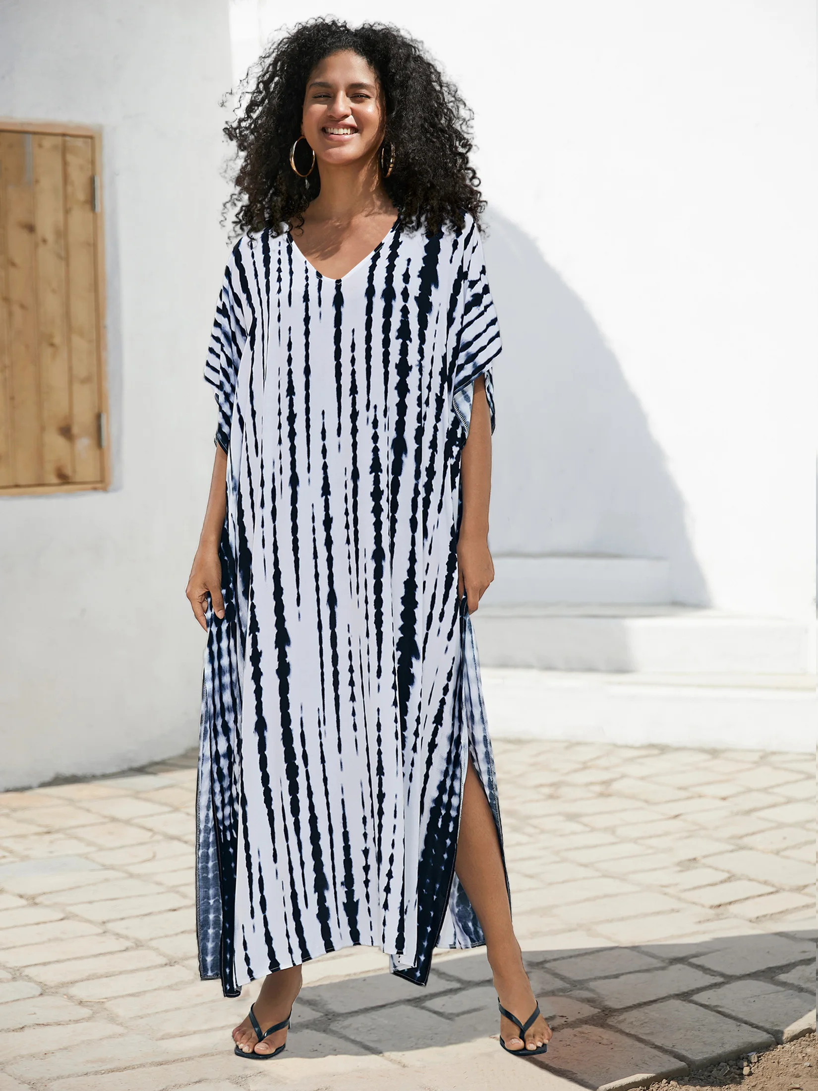 Casual Tie-dye Kaftan Robe Striped Printed V Neck Batwing Sleeve 2024 Summer Women Beach Wear Moo Moo Dresses Q1218