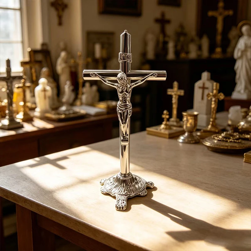Neues Metall-Katholisches Kruzifix, Stehendes Kreuz mit INRI Jesus Christus, Silber Roségold Altarkreuz für Heim- und Kirchendekoration, Geschenk – Detail 5
