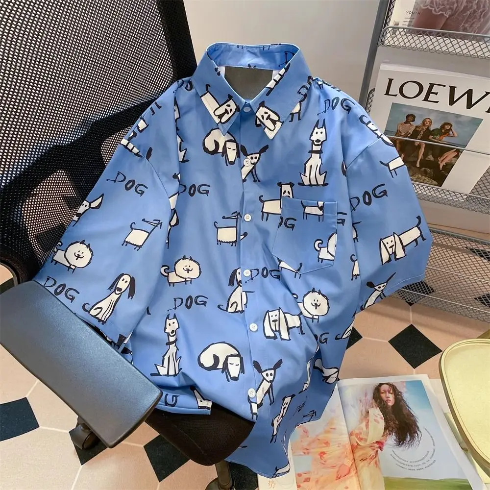 

Korean style summer puppy handsome polo short-sleeved men and women shirts design sense blue shirt loose trendy y2k brand trend