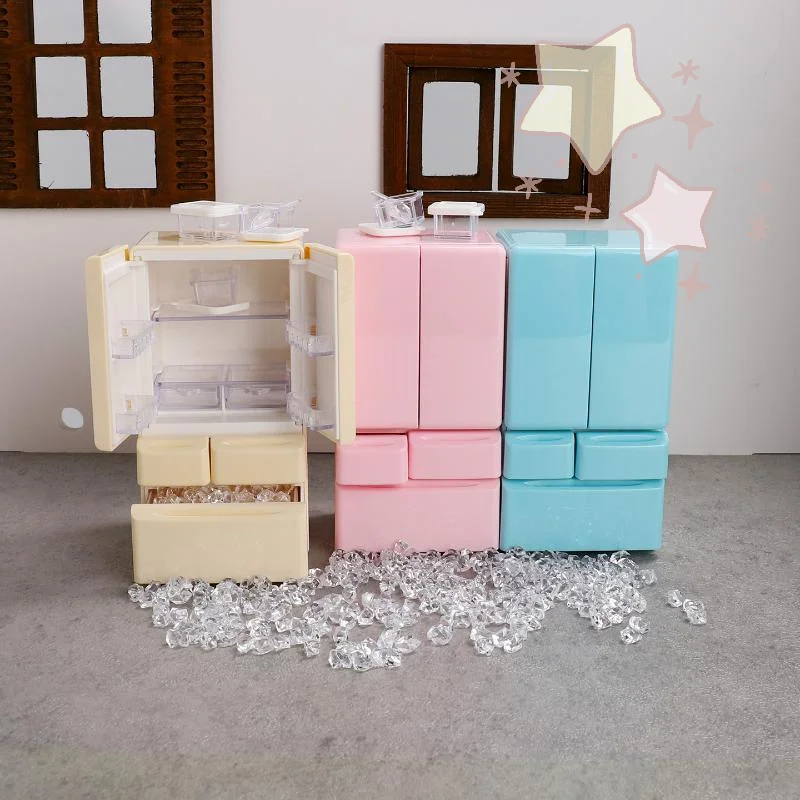 [TJ]1세트 미니어처 음식 놀이 주방 장면 포켓 가구 모델 1:12 플레이하우스 장난감 인형 집 만화 미니 냉장고