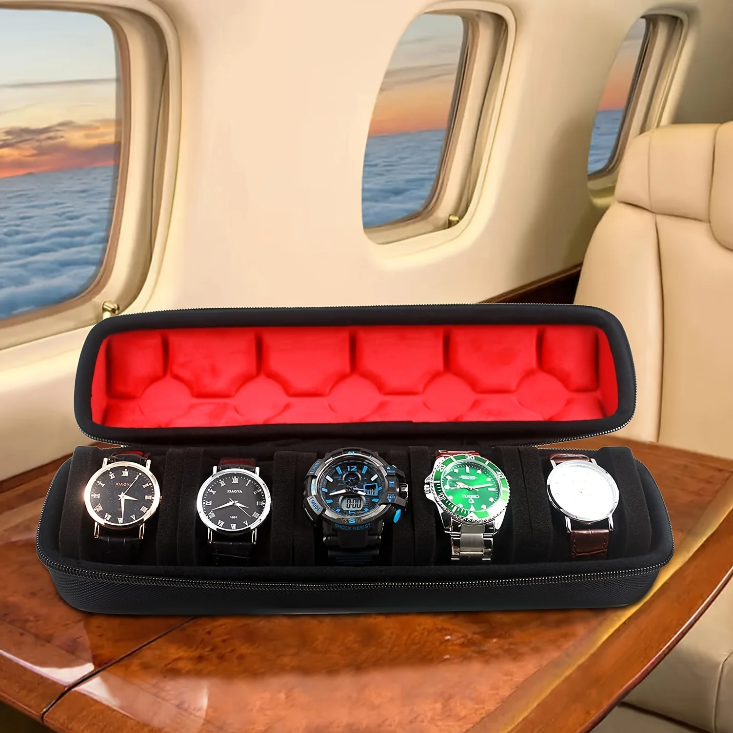Hard 5 Slots Watch Organizer Box with Soft Separation pillow,fit men's women's casual/sports/diving/dress/with luxury red lining image 4