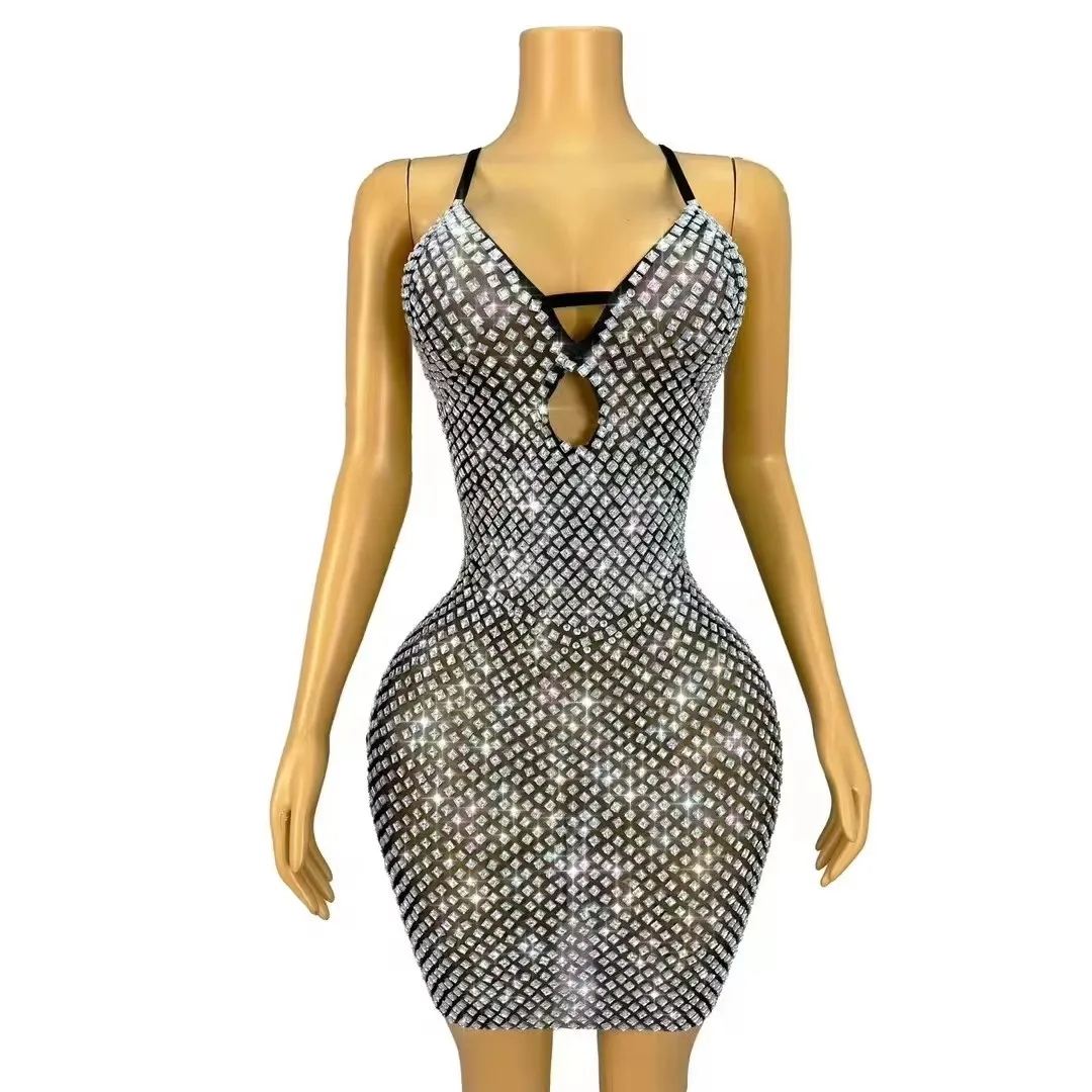 

Tight Sling Dress Women Shiny Rhinestones Sexy Transparent Club Stage Performance Costume Evening Party Black Mesh Short Dresses