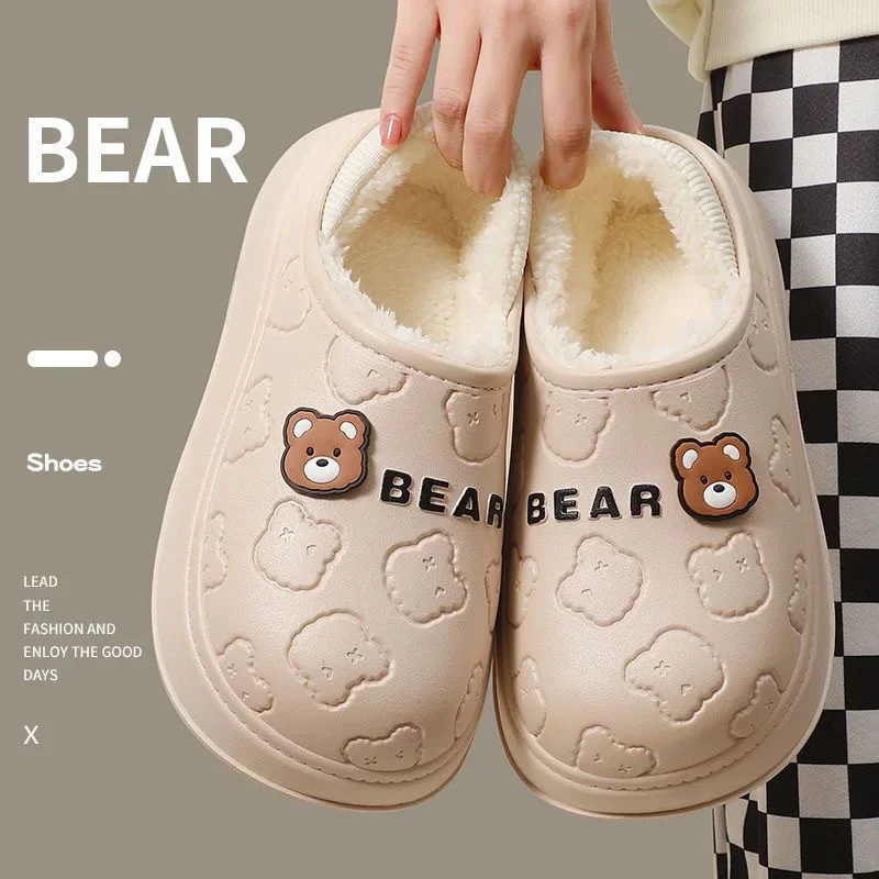 Winter Cute Bear Cotton Slipper Women Indoor Home Plush Warm Non Slip Thick Bottom Outdoor Garden Waterproof Trendy Heel Shoes