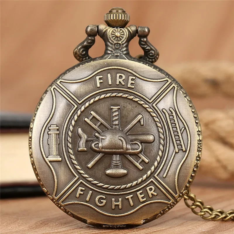 Vintage Fire Fighter Pocket Watch Men's Retro Analog Quartz Watches Full Hunter Design Necklace Chain Gift Reloj de bolsillo