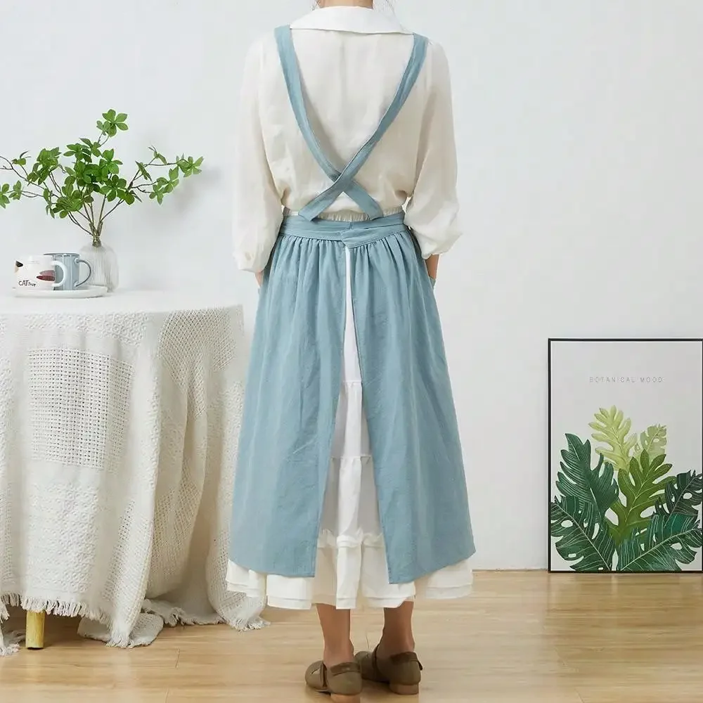 موجز الشمال الرياح مطوي تنورة القطن الكتان المئزر النساء الفتيات خمر المئزر البستنة يعمل عبر الظهر فستان بينافور