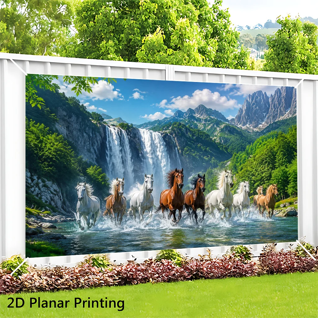 Galloping Horses Waterfall Mountain River Landscape Tapestry 2D Flat Printing Wall Hanging Backdrop for Living Room BedroomDecor