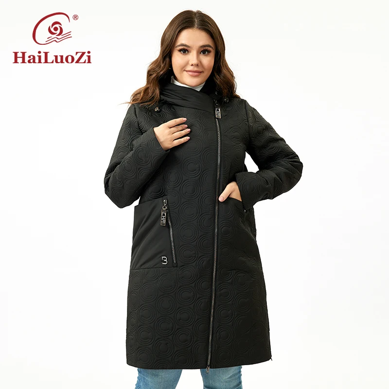 HaiLuoZi 2023 New Spring Women Coat Plus Size Long Hooded Big Pockets Female Parkas Slanted Placket Zipper Women's Jackets 5537