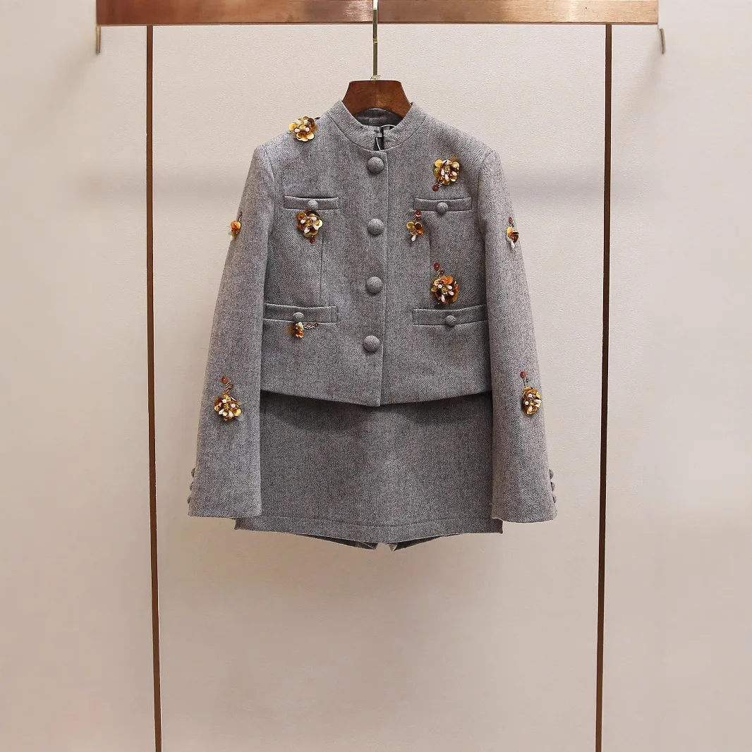 

Осень 2025 г., женский модный винтажный пиджак с жемчужной вышивкой, костюм с юбкой, повседневный комплект