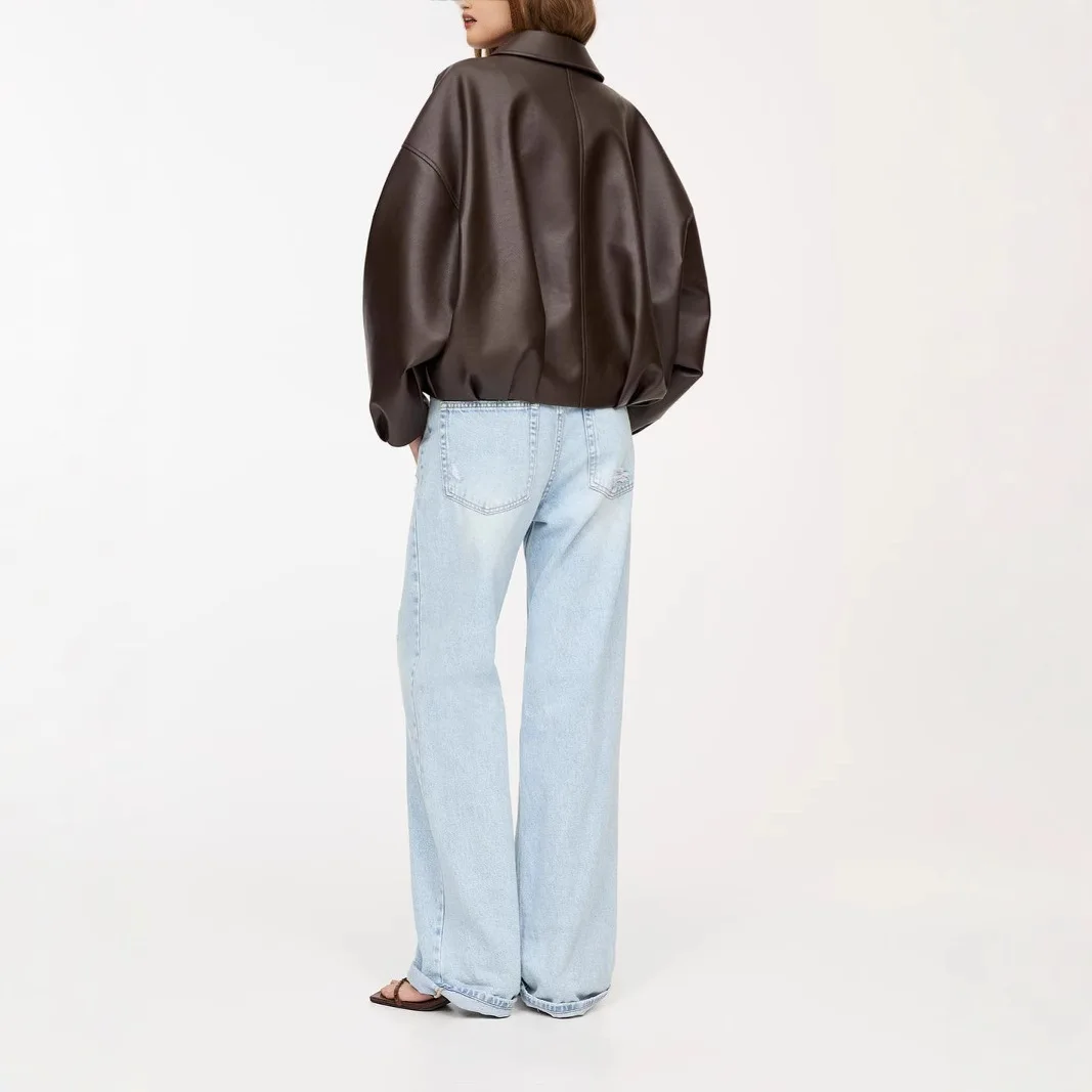 الخريف المرأة معطف فو سترة جلدية خمر ملابس خارجية غير رسمية الشارع الشهير رفض طوق مع جيوب سستة #5