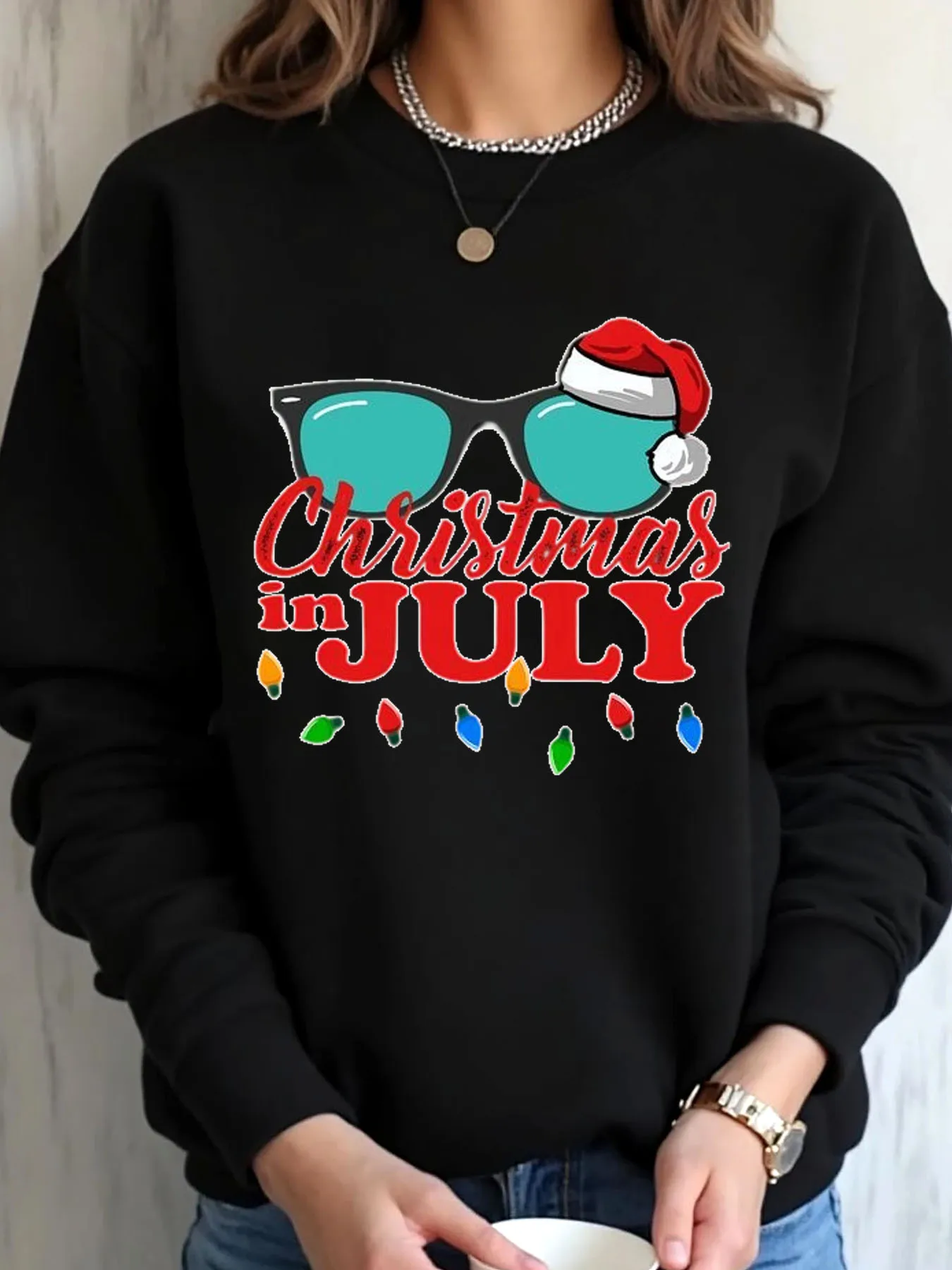 

Женская толстовка большого размера, солнцезащитные очки на Рождество в июле, шляпа Санта-Клауса с принтом, верхняя одежда