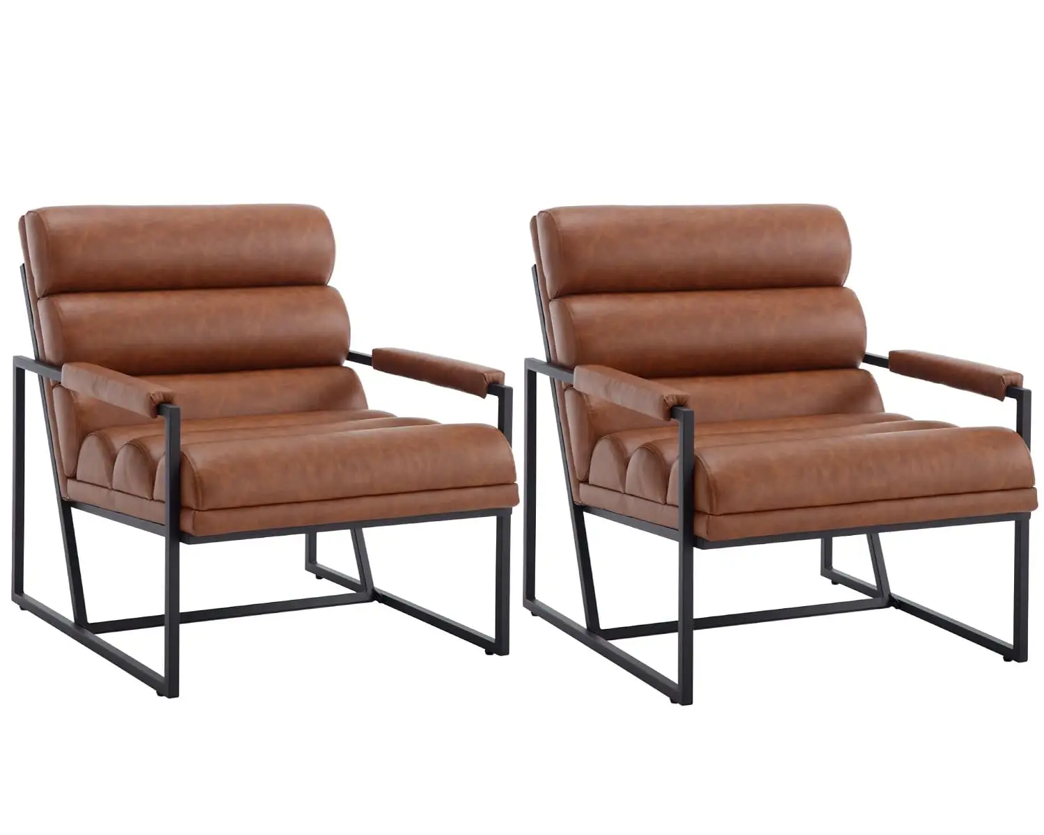 Channel Tufted Sling Accent Arm Chairs with Black Metal Legs, PU Faux Leather Upholstered Single Sofa with 6