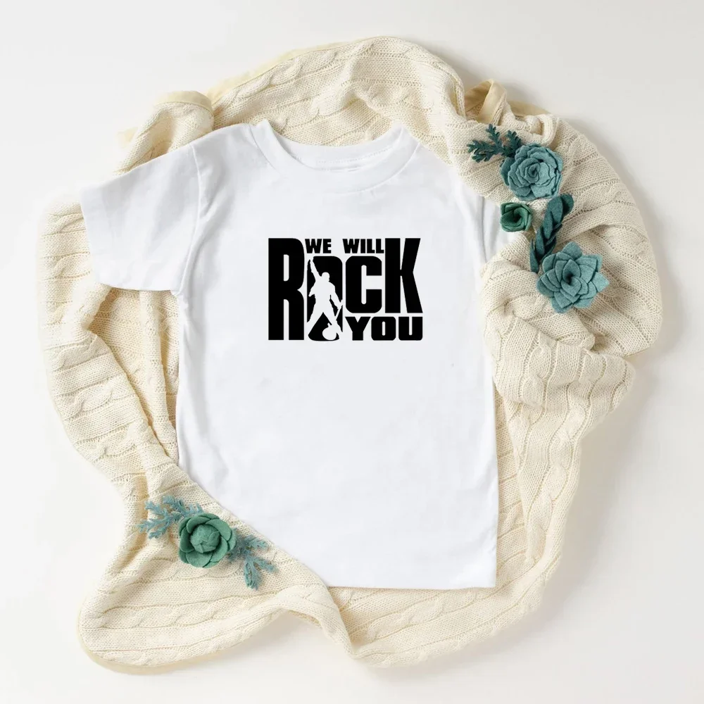 We Will Rock You Queen Print T shirt Kids Summer White Tops Children Fashion Casual T-shirt Rock Anthem Childrens Tshirt