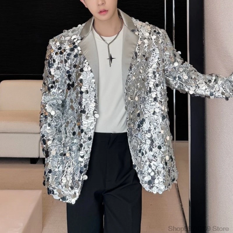 Korean Men\'s jacket Sequins Blazer Glitters Bling Suit Jackets Singer Stage Shiny Clothing Silver Oversize Party Suit Coat Man