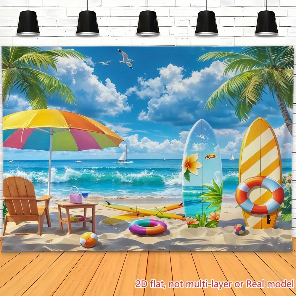 Summer Beach Tapestry - Tropical Surfboard & Umbrella Scene, Ocean View Wall Decor, Vacation Vibes Art, Polyester Multiple Sizes