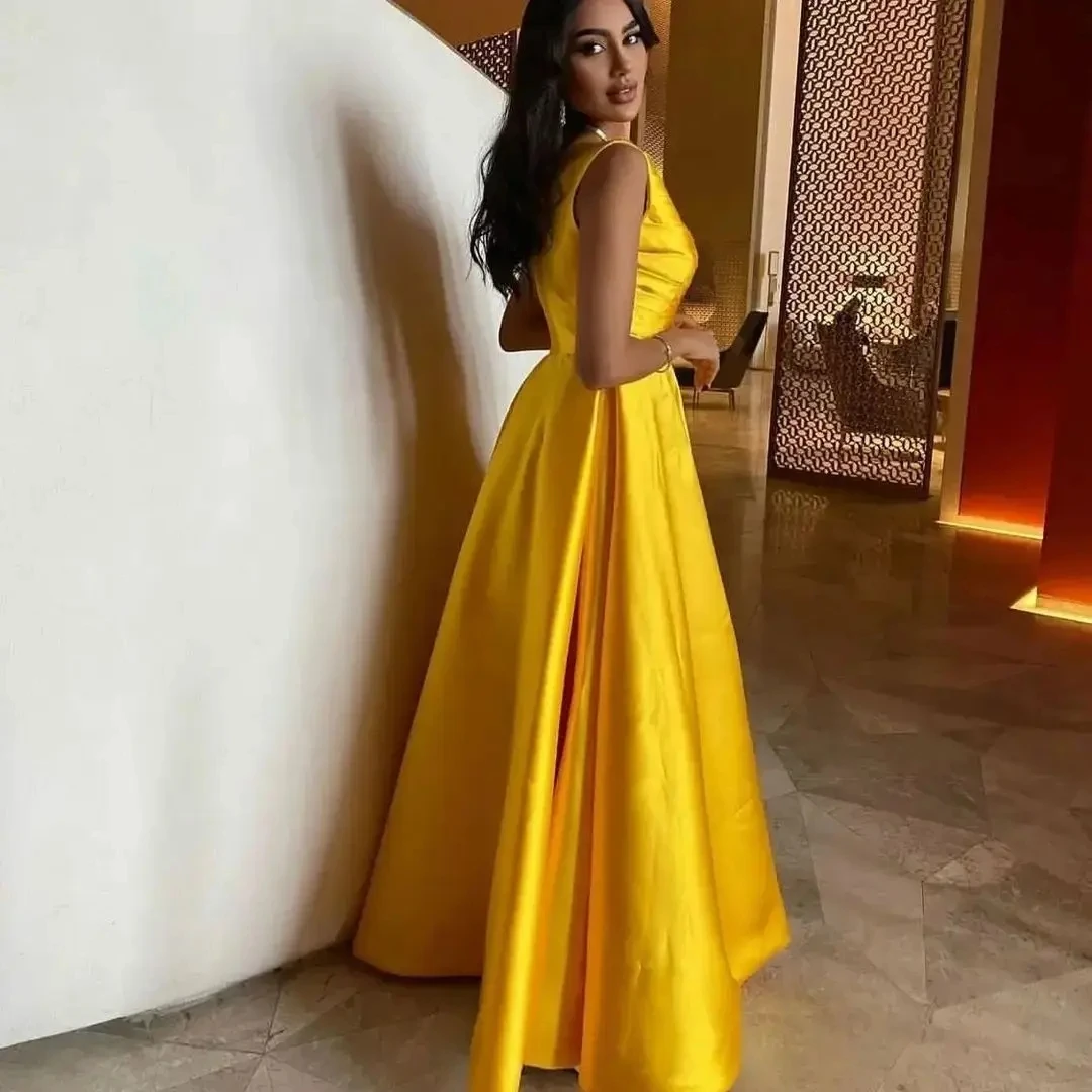 Satin Prom Dresses One Shoulder Ruched Sexy Side Slit Evening Party Formal Dress for Women A Line Robe De Marrige Yellow