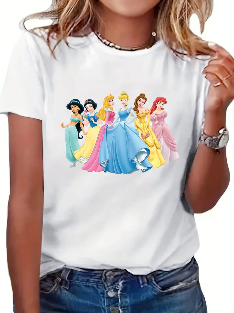 

Cartoon Disney Princess Print Casual Women's T-shirt Girl's Top Round Neck Y2K Harajuku 90S Fashion Short Sleeve Cute Clothes