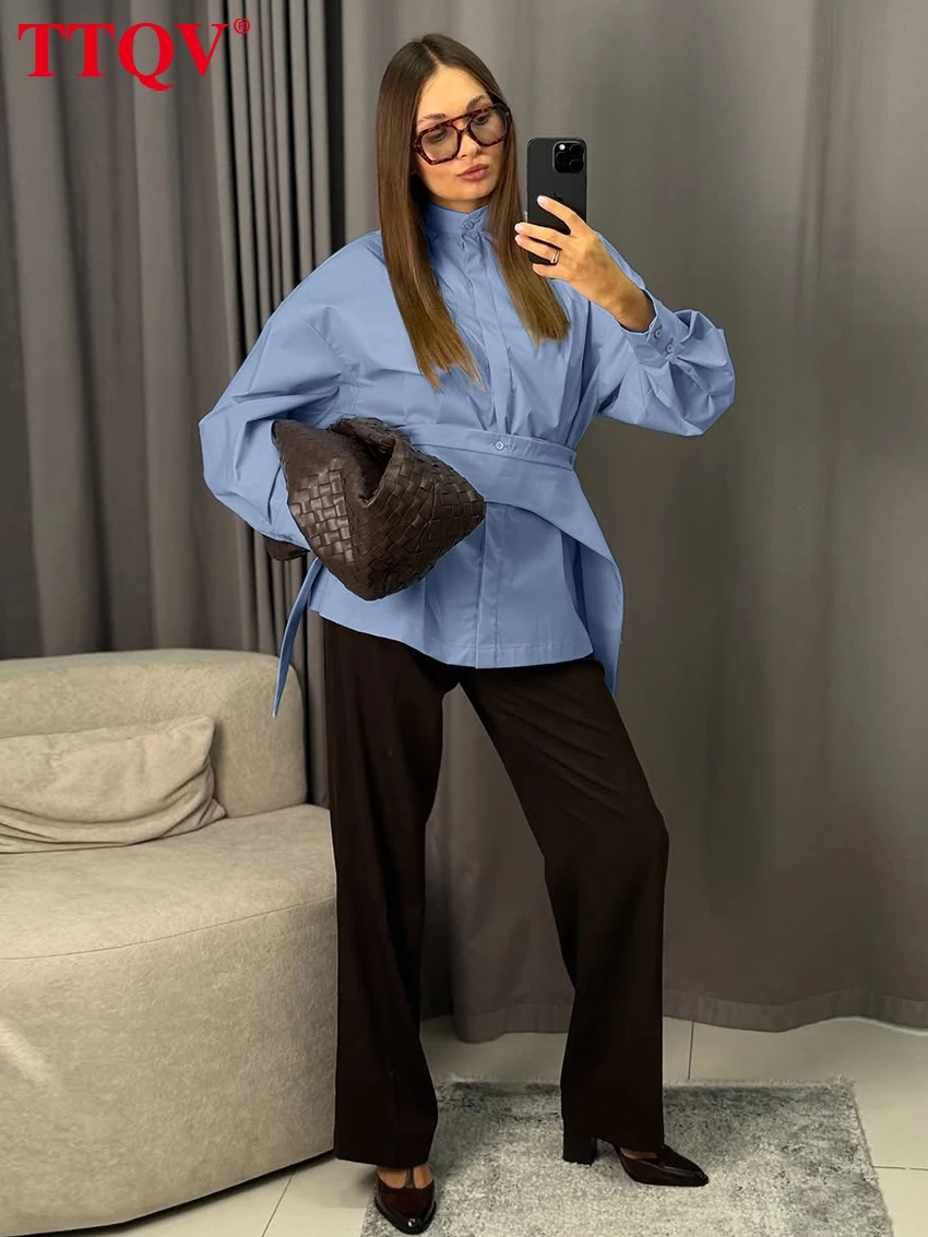 TTQV Kemeja Wanita Katun Biru Longgar Modis 2026 Blus Lengan Panjang Kerah Berdiri Kasual Pakaian Wanita Atasan Solid Klasik Elegan