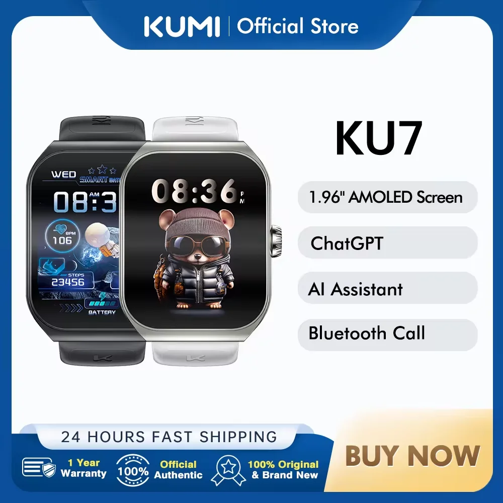 

Smart watche KUMI KU7 1.96-inch Amoled Screen IP68 Waterproof Bluetooth Call Health Heart rate Monitoring SOS 100+Sport Modes