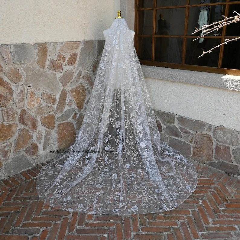 

Custom Floral Glittered Tulle Veils Glossy Bridal Veil Cathedral Wedding Veil Bride Accessories With Comb