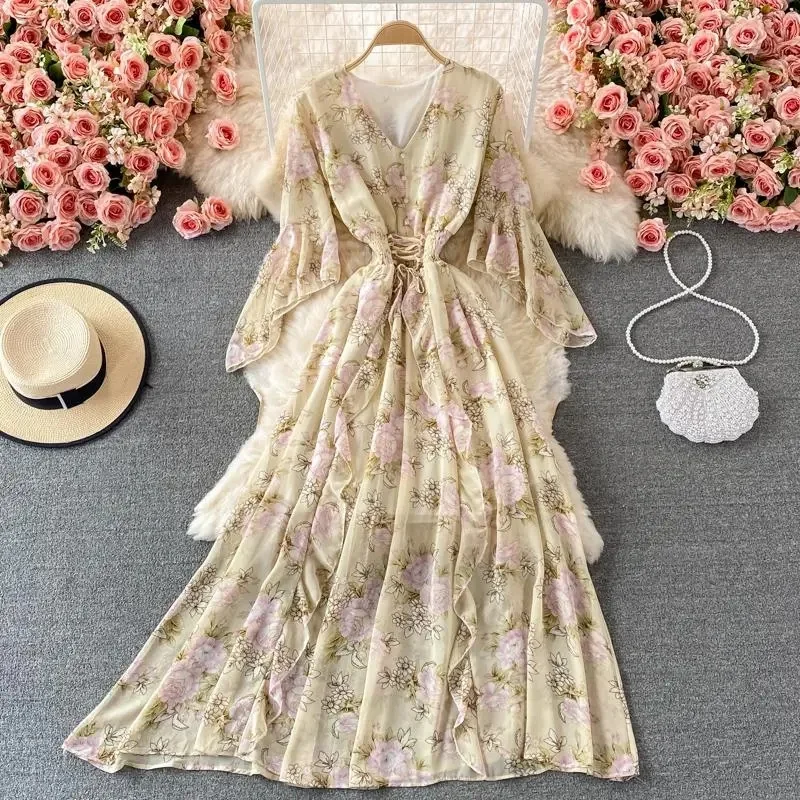 2024 Summer Women Long Dresses V-neck Bohemian Casual High Waist Beach Woman Chiffon Dresses Floral Vestidoes Maxi Dress