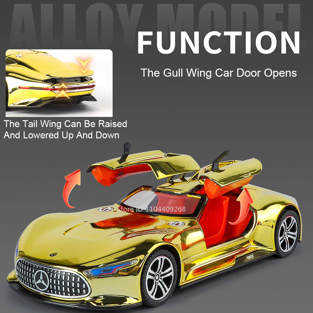 1:24 Vision GT 300SL Galvaniseren Versie Auto Speelgoed Model Geluid Licht Trek Deuren Geopend Voertuigen Modellen Cadeaus voor Kind