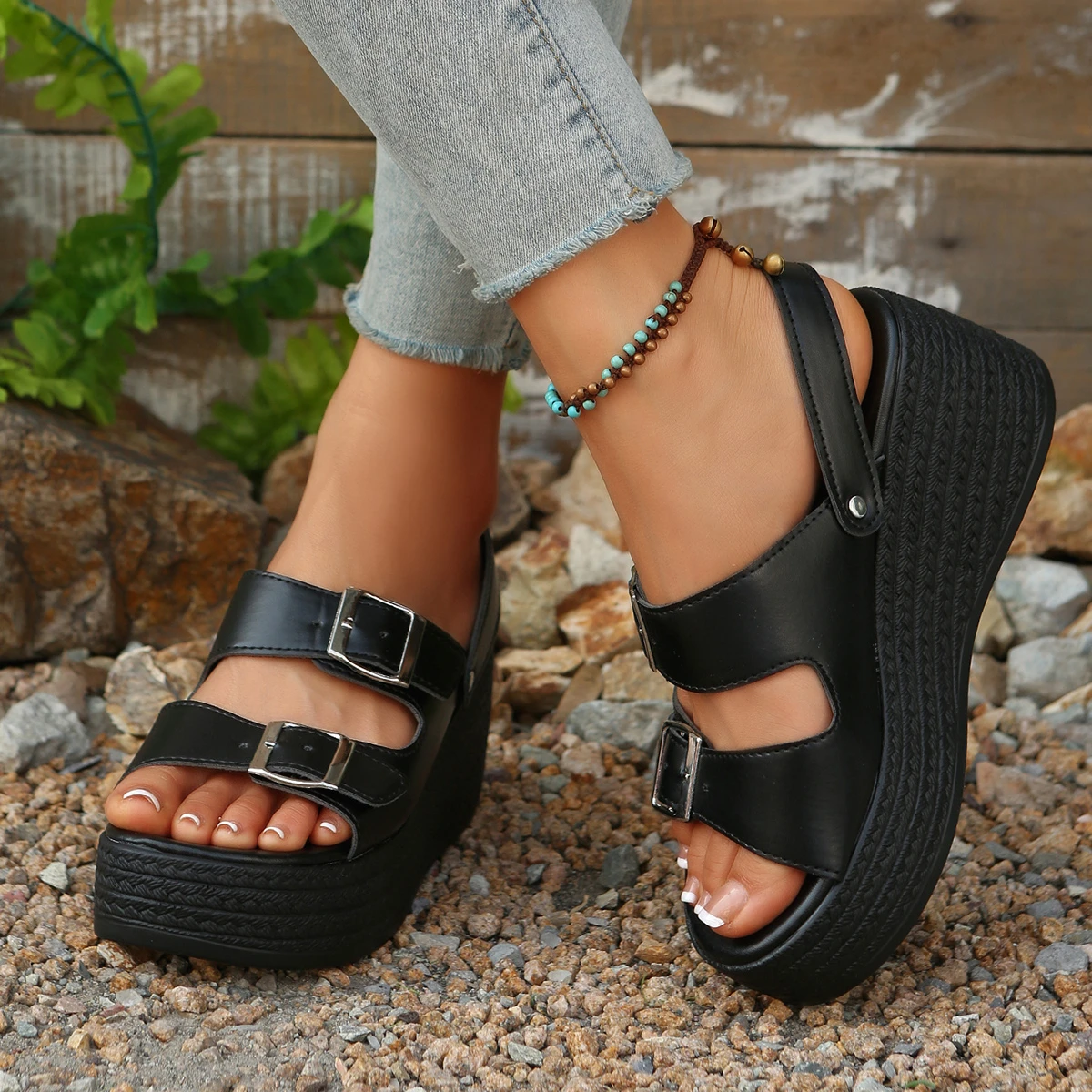 الصيف أنيقة جولة تو مثير مشبك إسفين كعب سميك سوليد الصنادل المألوف أفضل بيع جديد مريح زائد حجم الصنادل