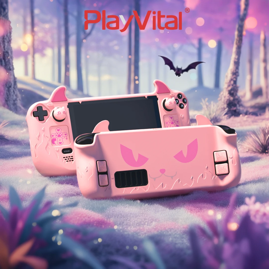 حافظة PlayVital الوردية الواقية لسطح البخار OLED وLCD - تصميم Kawaii Cute Demon، غطاء مضاد للانزلاق ومقاوم للصدمات