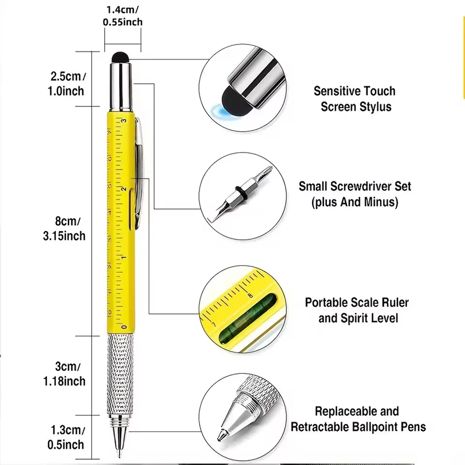 7 in 1 Multifunctional Pen Touch Screen Stylus Capacitive Pen with Screwdriver Ruler Levelgauge Refillable Ballpoint Pencil Tool