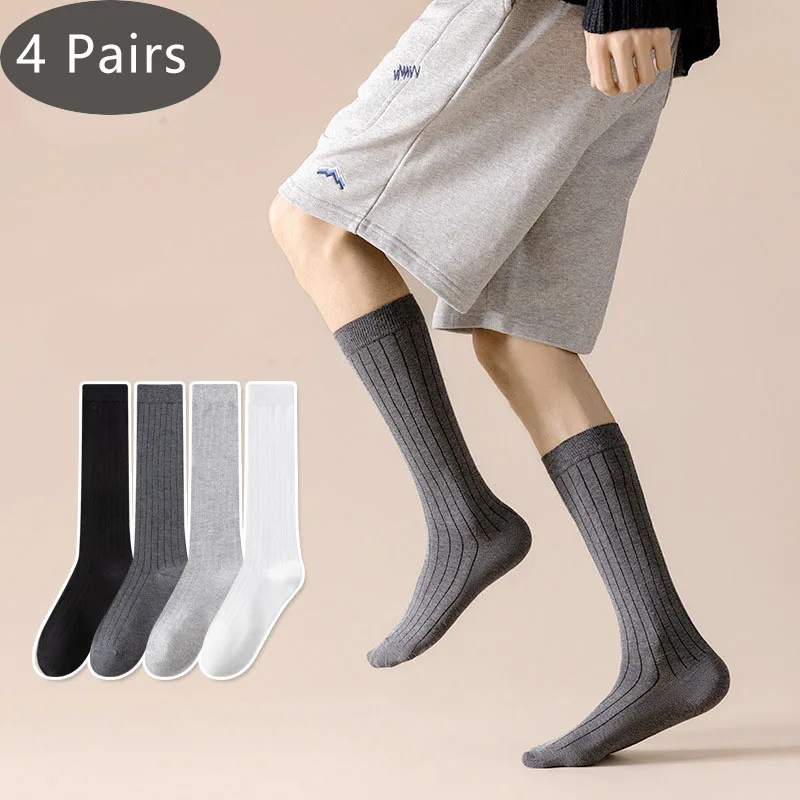 4 Pairs Man Long  Socks Business Cotton Striped Solid Anti-Bacterial,Breathable,Warm Below Knee Calf Crew Socks Gentleman Sokken