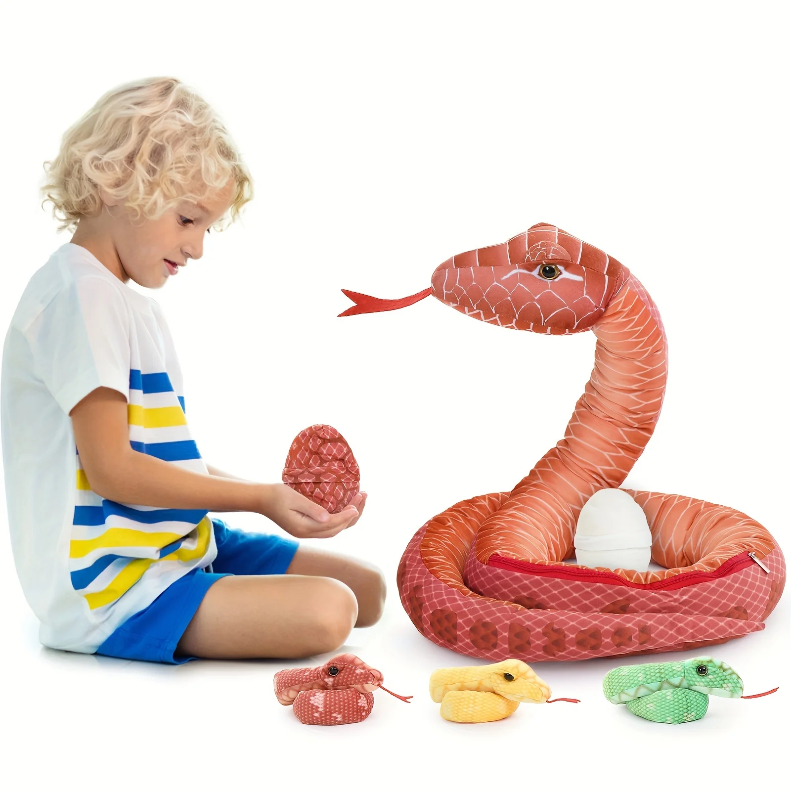 Giant Snake Stuffed Animal,  Large Mommy With 3 Babies & 2 Eggs Snakes Plush Toy, 79'' Long Red Boa Constrictor Gift For  Kids