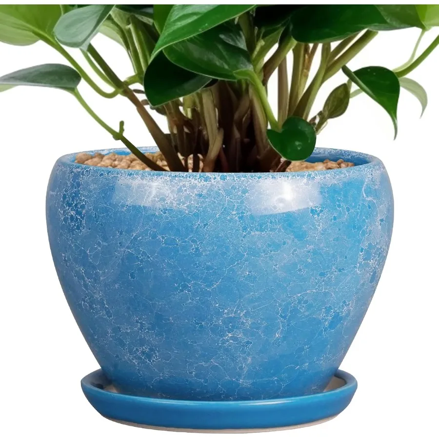 

6 Inch Modern Round Ceramic Plant Pot with Drainage Hole and Saucer for Indoor Succulents and Houseplants Glazed Blue Flower Po