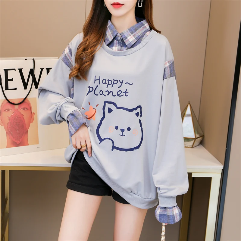 Hooded Sweatshirts Women Streetwear Hot Letter Tide Solid Casual Thin Long Sleeve Fake Two Piece Loose All Match Pullover Tops