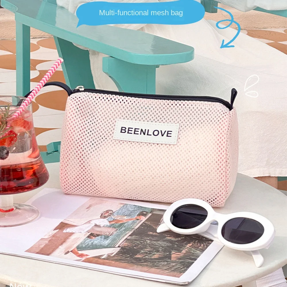 

Large Capacity Beach Mesh Bag Breathable Lightweight Cosmetic Zipper Pouch Reusable Handheld Toiletries Storage Bag Travel