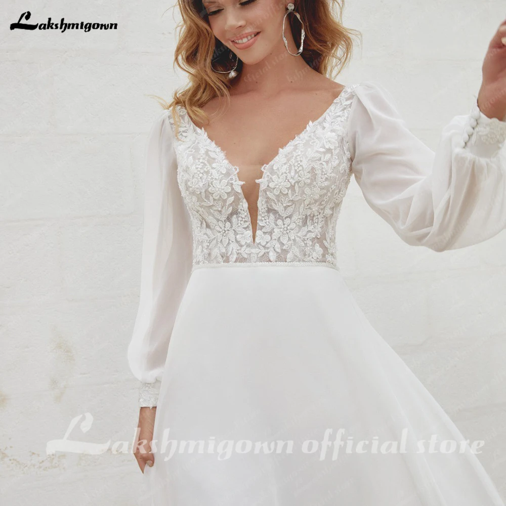 Lakshmigown Chiffon V-Ausschnitt Hochzeitskleid Braut Applikation A-Linie Ziviles Doppel-V-Ausschnitt Puffärmel Brautkleider Maßanfertigung – Detail 7